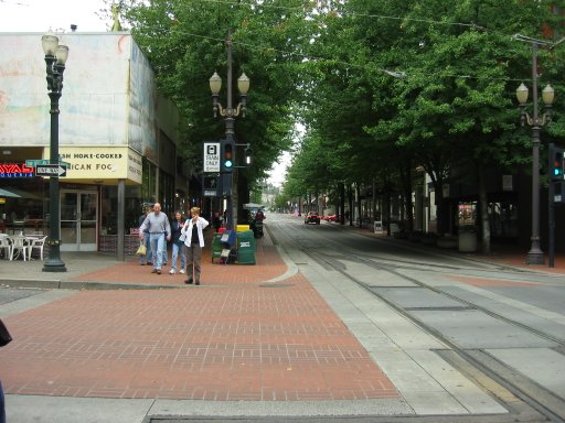 [SW 10th Ave & SW Morrison St looking west]